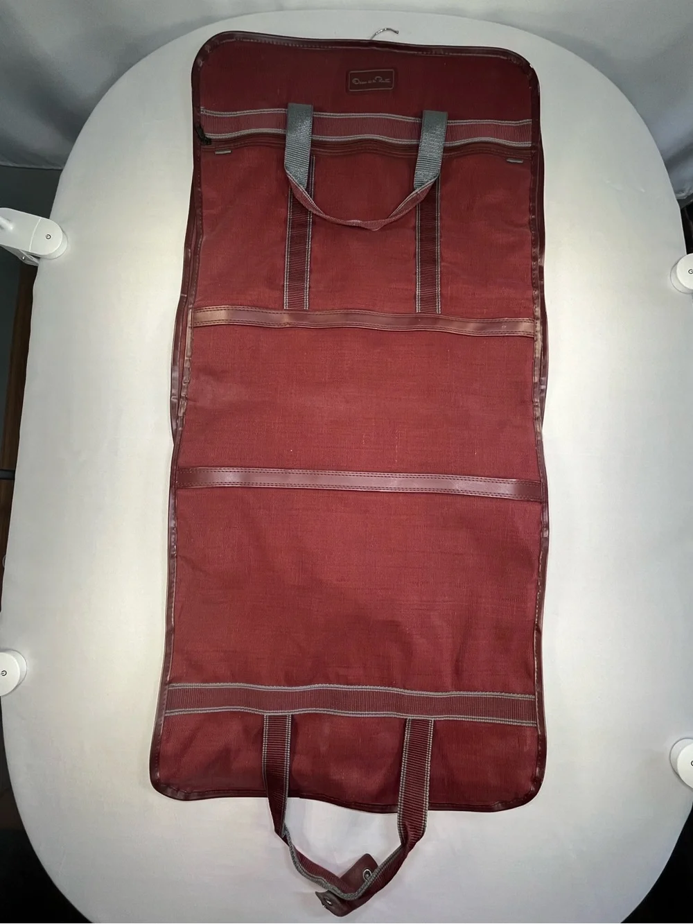 Oscar de la Renta Vintage Burgundy Canvas Tri-Fold Travel Luggage Garment Bag
